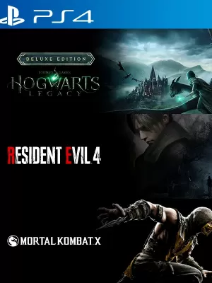 3 Juegos en 1 Hogwarts Legacy Digital Deluxe Edition mas Resident Evil 4 Remake mas Mortal Kombat X PS4
